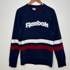 VINTAGE 90s Reebok Classic Striped Spellout Crewneck Sweatshirt Navy Red M